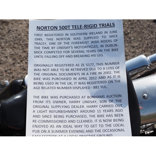 738 - Norton 500T Tele Rigid trials motorcycle. 1950. 490cc. Frame no. 30023 This bike featured in classic... 