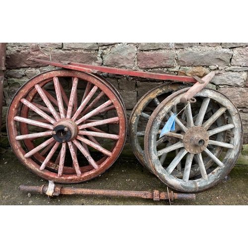 154 - Wooden cart wheels and axle