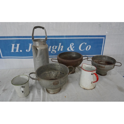 237 - Milk strainers and enamel jugs