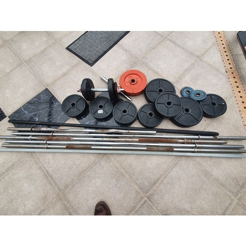 112 - Assorted traditional weights and dumbbells