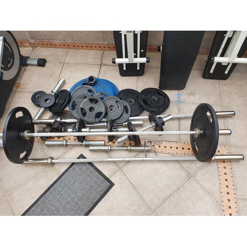 113 - Assorted Olympic weights, bars and quick release collars