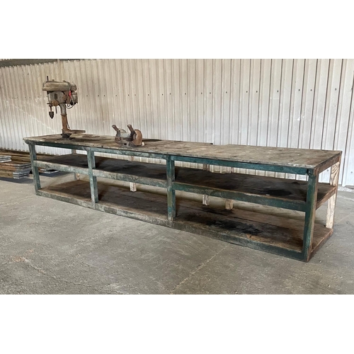 167 - Work bench with tin top Black and Decker bench grinder and pillar drill. Approx 15ft