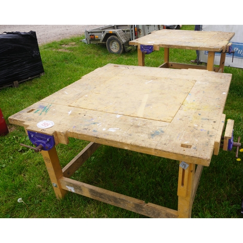 195 - 4ft x 4ft Wooden work table, with 3 vice