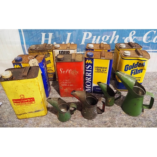 788 - Large quantity of gear oil cans to include Golden Film, Morris and 4 oil pouring jugs