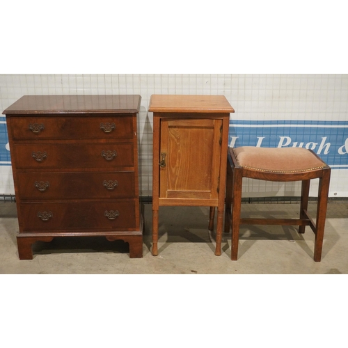 82 - Mahogany chest of 4 graduated drawers, satin wood bedside table and foot stool etc