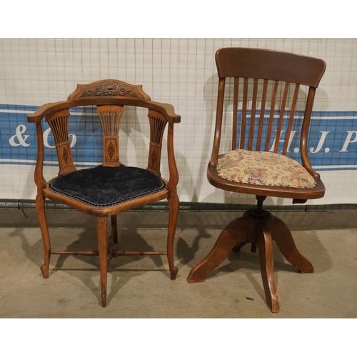 76 - Bentwood office swivel chair and mahogany corner chair