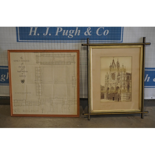 484 - Brass trimmed picture frame and frame 1950s plan of King's College Cambridge