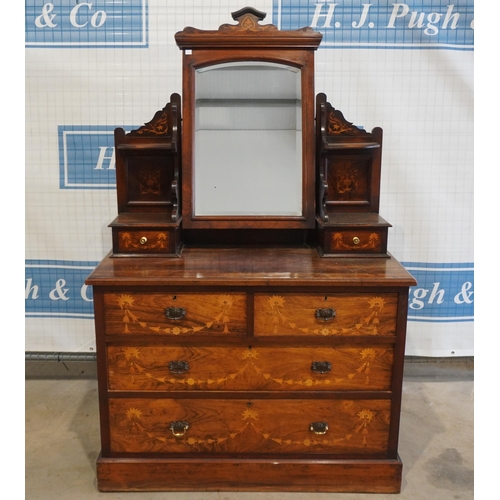 166 - Oak inlaid dressing chest with 2 short, 2 long drawers and bevel edged mirror 66x42