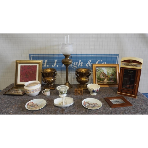 494 - Lamp, plates, bowls, framed prints etc