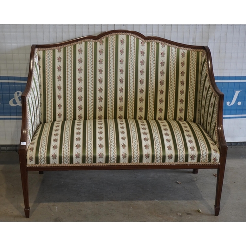 87 - Edwardian wooden framed sofa with green striped cover