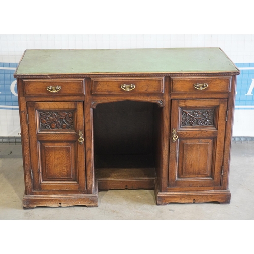 22 - Kneehole desk with green top, 2 cupboards and 3 drawers 28x42