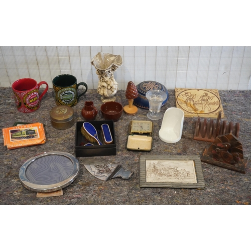 570 - Box of assorted collectibles to include miniature enamel vanity set