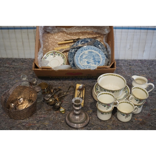 504 - Assorted china, silver plate items and silver candle stick