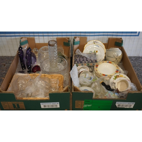 550 - 2- Boxes of assorted glassware and china to include silver top cut glass vase