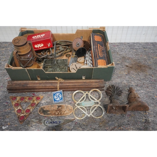 253 - Box of assorted collectibles to include old warning triangle and Land Rover badge