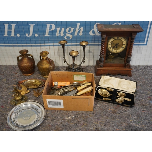 254 - Wall clock, assorted cutlery and brass items