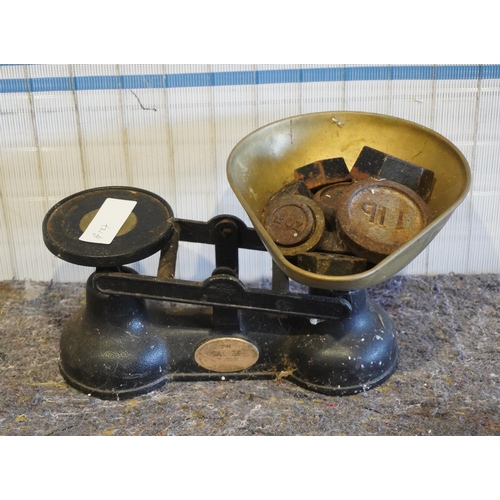 256 - Set of cast iron scales and assorted weights