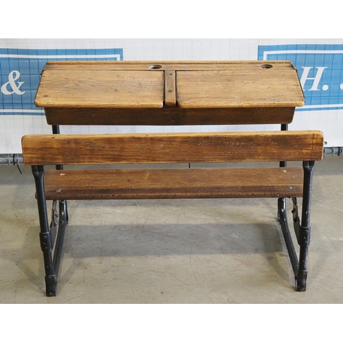 112 - Old oak twin school desk with bench attached