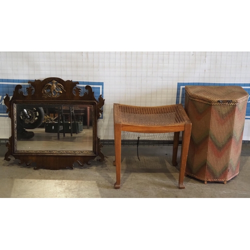 99 - Wicker laundry basket, mahogany framed mirror and rush seated stool