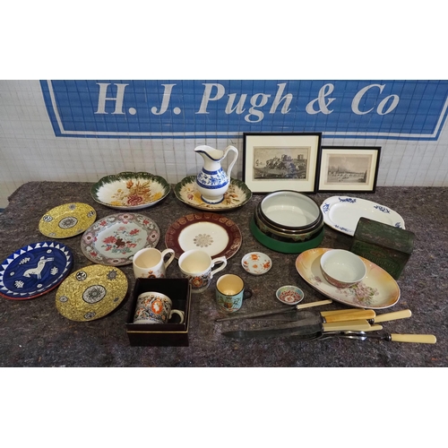 307 - Assorted china, prints and cutlery etc.