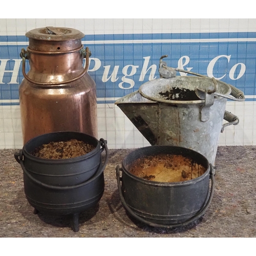 292 - Copper milk churn, galvanised bucket and 2 cast iron pots