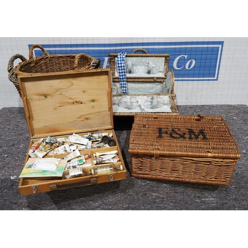 268 - 2 Wicker log baskets, wicker picnic basket and wicker Fortnum & Mason picnic basket etc