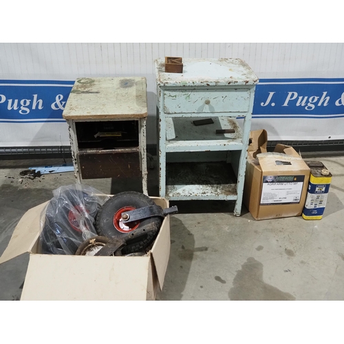 66 - 2- Cabinets, assorted wheels, 20l of oil etc