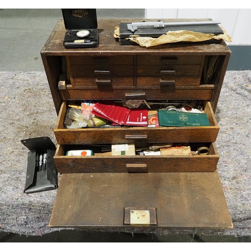 68 - Wooden carpenters tool chest and contents to include Benson vernier, Moore & Wright gauges etc