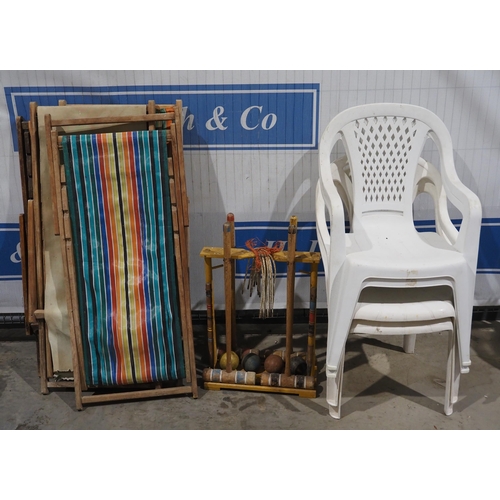 72 - 4- Deckchair frames, croquet set and plastic garden chairs