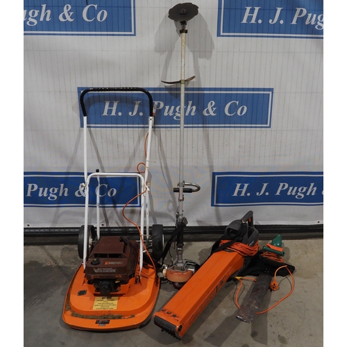 73 - Flymo hover mover, electric garden vac, petrol strimmer and hedgecutter