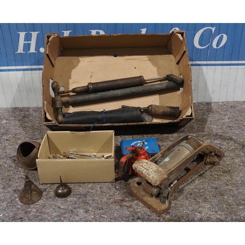 182 - Kismet foot pump, assorted car spanners, RAC first aid tin, grease guns etc