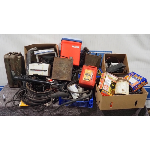 197 - Large quantity of assorted car spares to include belts, radiators, Pratts and Esso 2 gallon fuel can... 