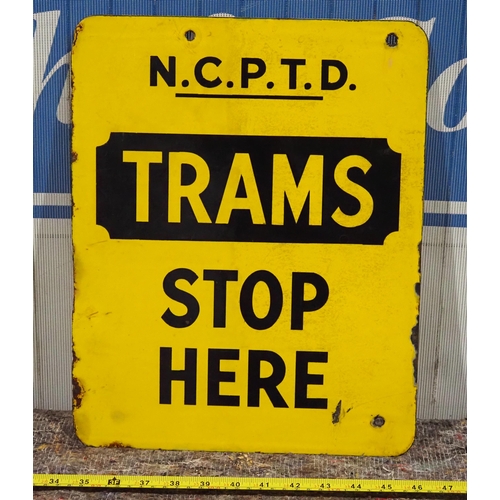 300 - Double sided enamel sign - Trams Stop Here 12x15