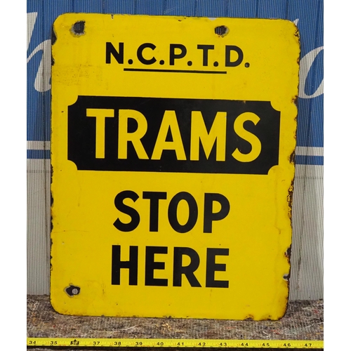 300 - Double sided enamel sign - Trams Stop Here 12x15