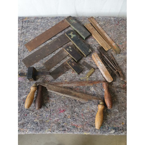 502 - 2 Sorby draw knives and assorted ebony marking gauges, set squares etc.