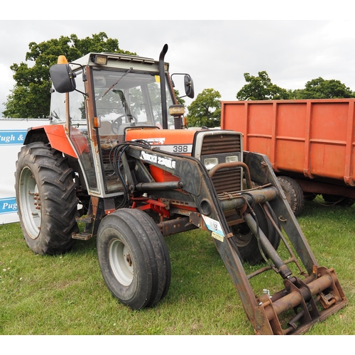 1297 - Massey Ferguson 398 tractor. 2WD. Quicke 520 loader. 7230 hours, full service, off farm. Runs and dr... 