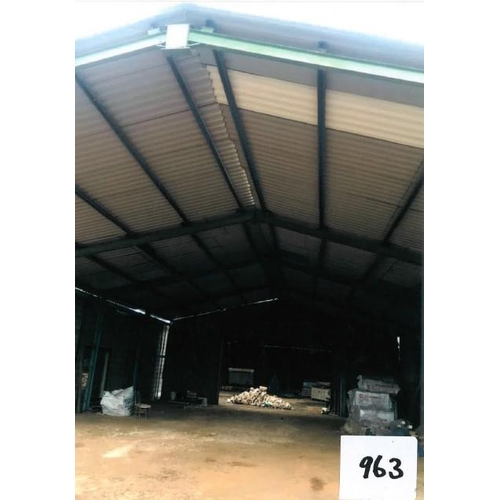 963 - Steel building frame with braces and struts. 4.0m high to eaves. 12.5m wide. Timber purlins. 3 x 15f... 