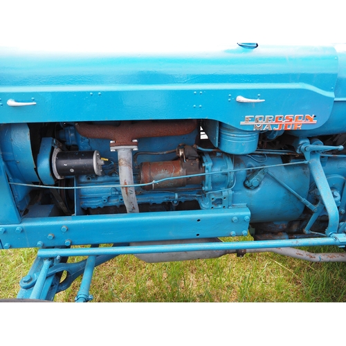 313 - Fordson Major tractor. 4 Cylinder diesel engine. Down swept exhaust. New tyres. Runs. Reg. JHR 385