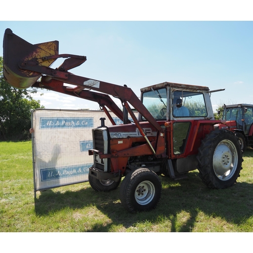 383 - Massey Ferguson 590 tractor with MF loader. Runs. 8626 hours recorded. Reg XFJ 985S. V5