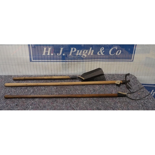 134 - Pitch fork, long handled shovel and one other