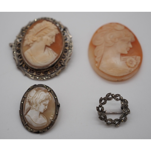 256 - 2- Silver cameos, silver brooch and cameo shell