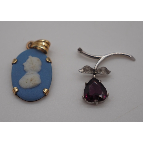 258 - 9ct Gold Wedgwood pendant and white metal and red stone pendant