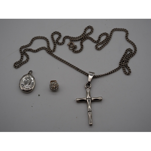 298 - 9ct Gold pendant, silver crucifix on silver chain and silver locket. Silver approx 16g