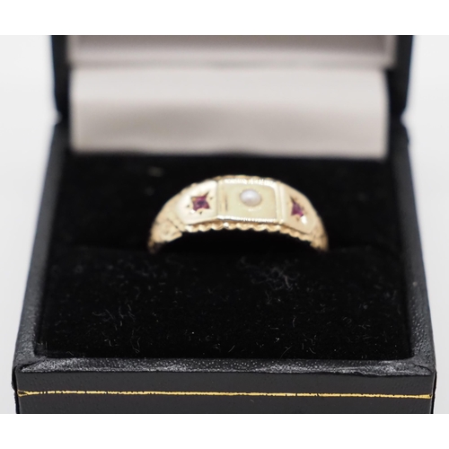 308 - Hallmarked 9ct gold ruby and pearl ring