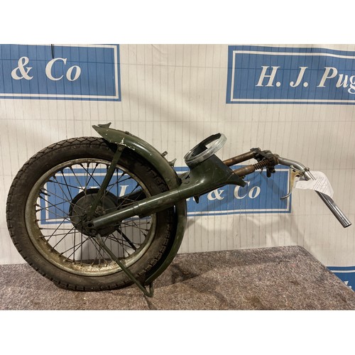 60 - Triumph front end assembly. Forks, wheel, nacelle bottoms, handlebars etc. from a TRW Military but w... 