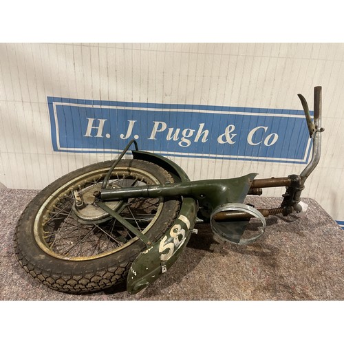 60 - Triumph front end assembly. Forks, wheel, nacelle bottoms, handlebars etc. from a TRW Military but w... 