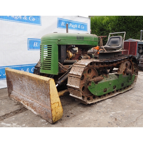 142 - Oliver/Cletrac crawler c/w front blade, belt pulley and drawbar