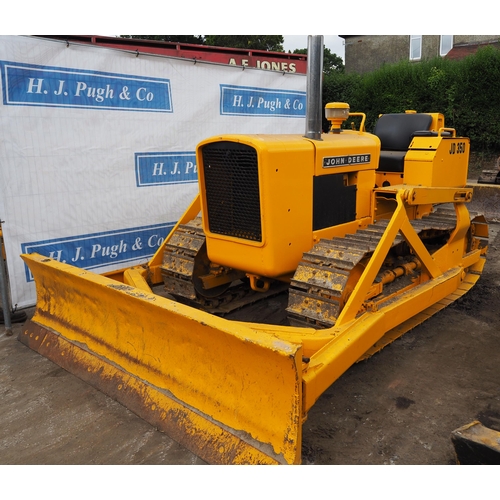 150 - John Deere 350 crawler. 3244 hours showing, c/w front angle blade, PTO and drawbar. Runs. SN-041725.... 