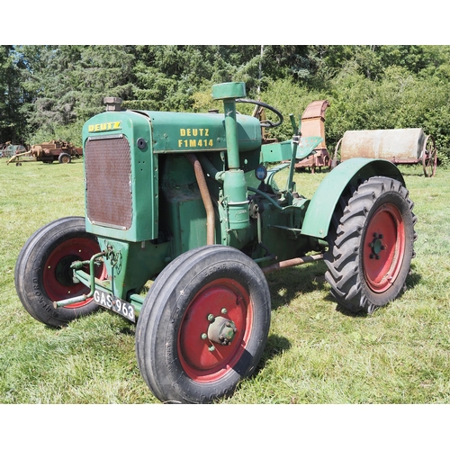 184 - Deutz F1 M414 tractor. Good tyres, small engine crack, pulley. Runs and drives. Reg. GAS 963. V5