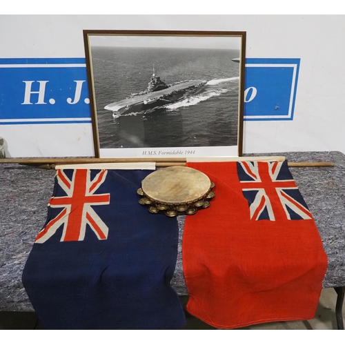 207 - Framed print of HMS Formidable 1944 with flag from ship and 2 Union jack flags and Salvation Army ta... 